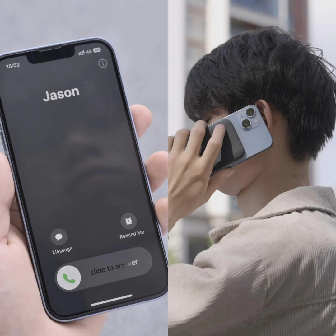 Un appel entrant sur iPhone, puis la personne qui répond avec VodiLink au dos du téléphone