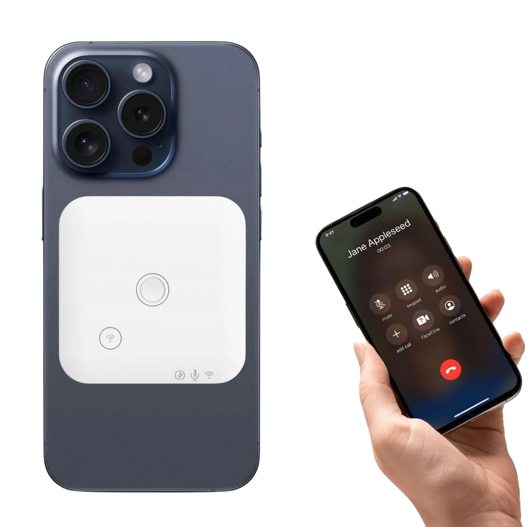VodiLink aimanté au dos d'un iPhone pendant un appel